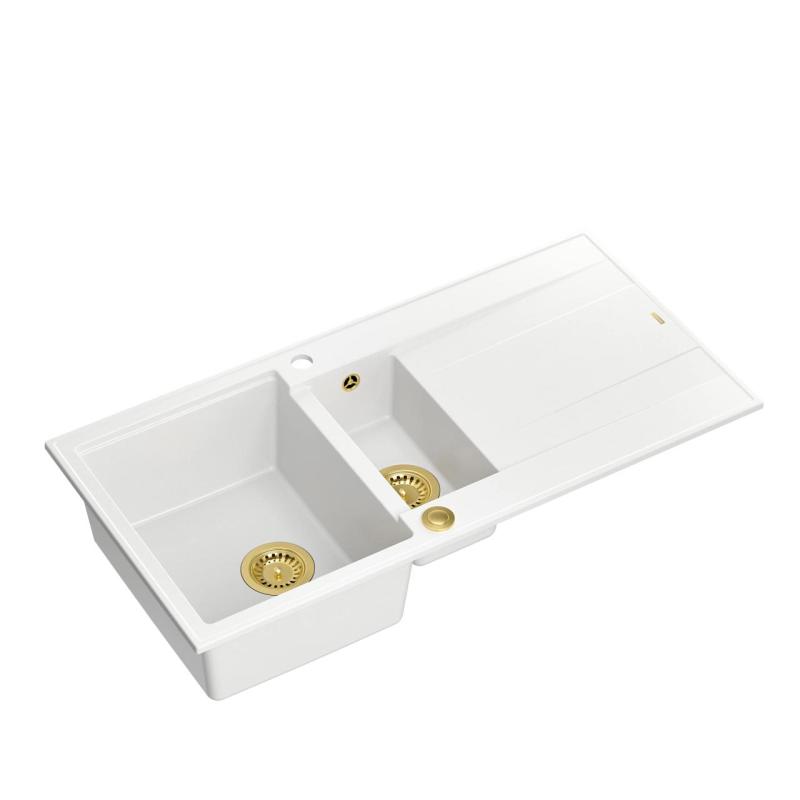 Quadri Luton fregadero de granito blanco sobre encimera 1,5 senos con escurridor reversible 100x50cm con tapón dorado 1208967348