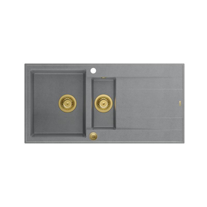 Quadri Luton fregadero de granito gris de superficie con 1,5 senos y escurridor reversible 100x50cm con tapón dorado 1208967351