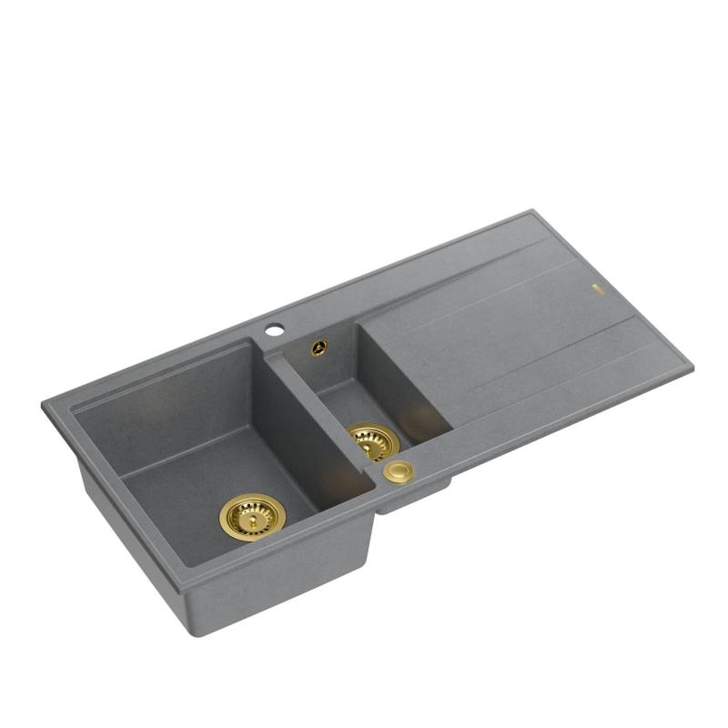 Quadri Luton fregadero de granito gris de superficie con 1,5 senos y escurridor reversible 100x50cm con tapón dorado 1208967351