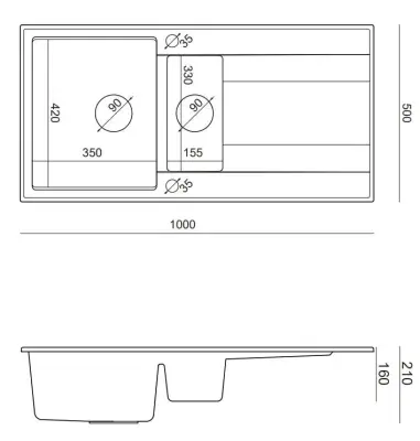 Quadri Luton anthracite granite inset 1.5 kitchen sink with draining board reversible 100x50cm with stainless steel plug 1208967353