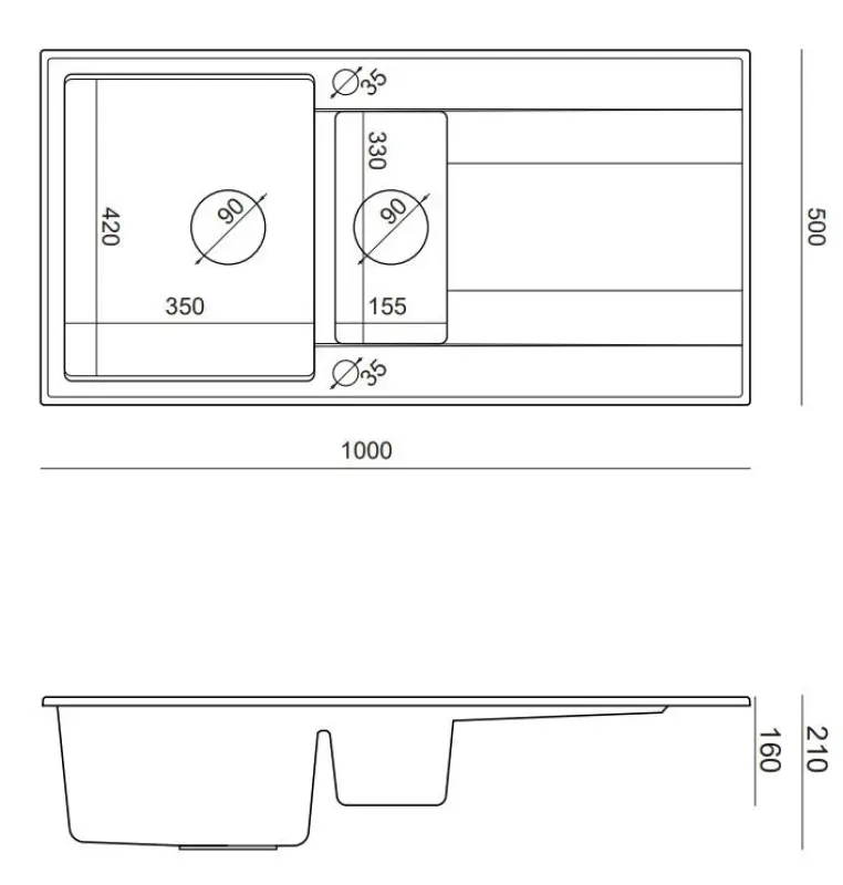 Quadri Luton antracita fregadero de granito sobre encimera 1,5 cubetas con escurridor reversible 100x50cm con válvula dorada 1208967354