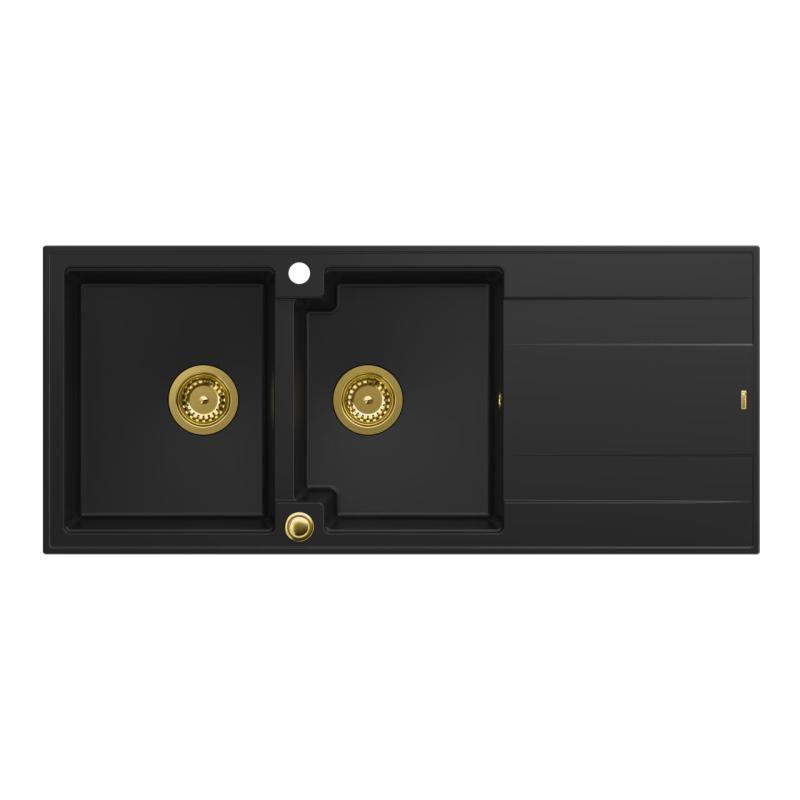 Quadri Luton fregadero doble de granito negro con escurridor 116x50 cm con tapón dorado 1208967356