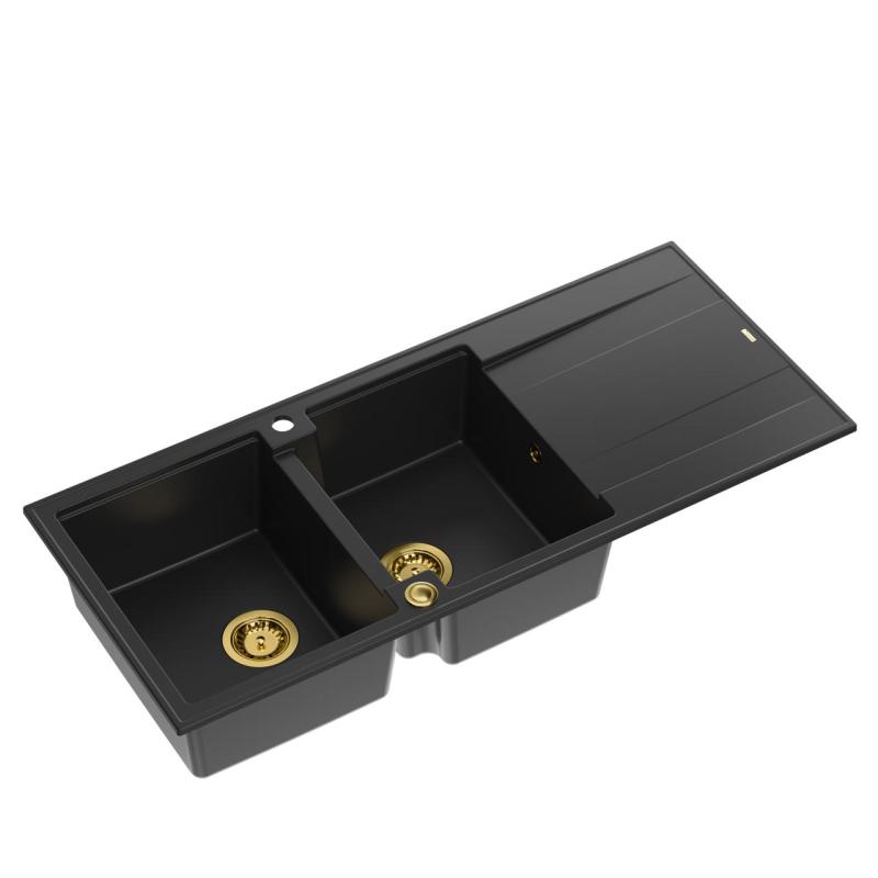 Quadri Luton fregadero doble de granito negro con escurridor 116x50 cm con tapón dorado 1208967356
