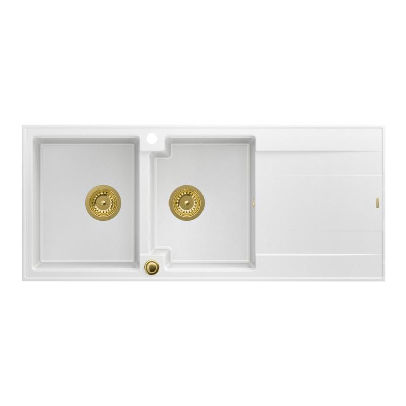 Quadri Luton fregadero doble de granito blanco con escurridor 116x50 cm con tapón dorado 1208967358