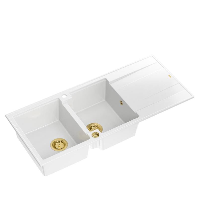 Quadri Luton fregadero doble de granito blanco con escurridor 116x50 cm con tapón dorado 1208967358