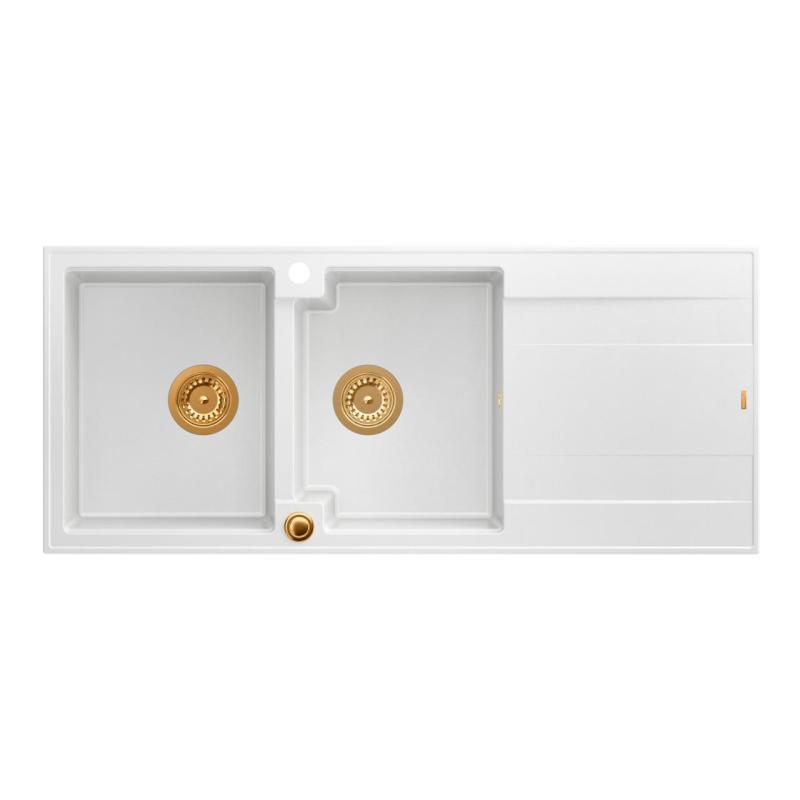 Quadri Luton fregadero doble de granito blanco con escurridor 116x50 cm con tapón de cobre 1208967359