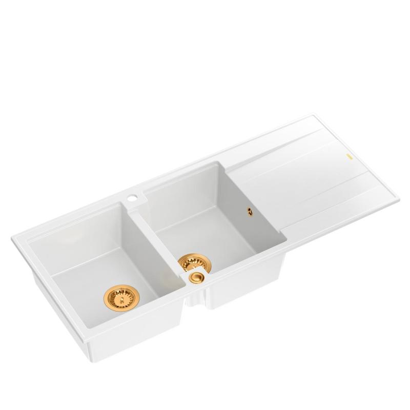 Quadri Luton fregadero doble de granito blanco con escurridor 116x50 cm con tapón de cobre 1208967359