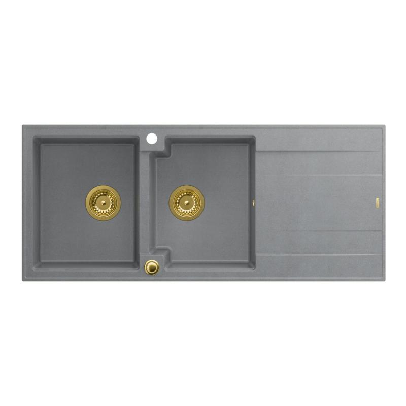 Quadri Luton fregadero empotrado doble de granito gris con escurridor 116x50 cm con tapón dorado 1208967361