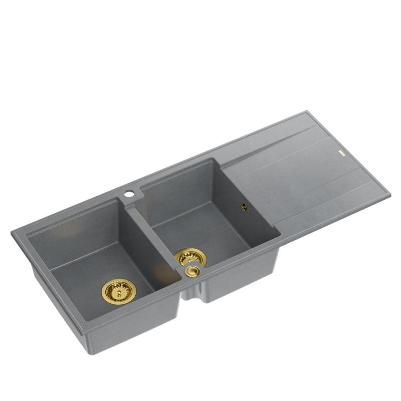 Quadri Luton fregadero empotrado doble de granito gris con escurridor 116x50 cm con tapón dorado 1208967361