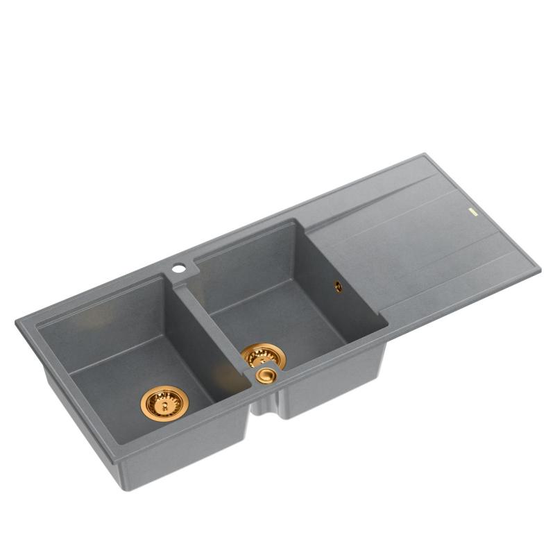 Quadri Luton fregadero doble de granito gris con escurridor 116x50 cm con tapón de cobre 1208967362