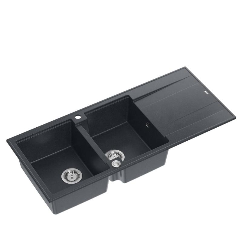 Quadri Luton fregadero doble de granito empotrado antracita con escurridor 116x50 cm con tapón de acero inoxidable 1208967363