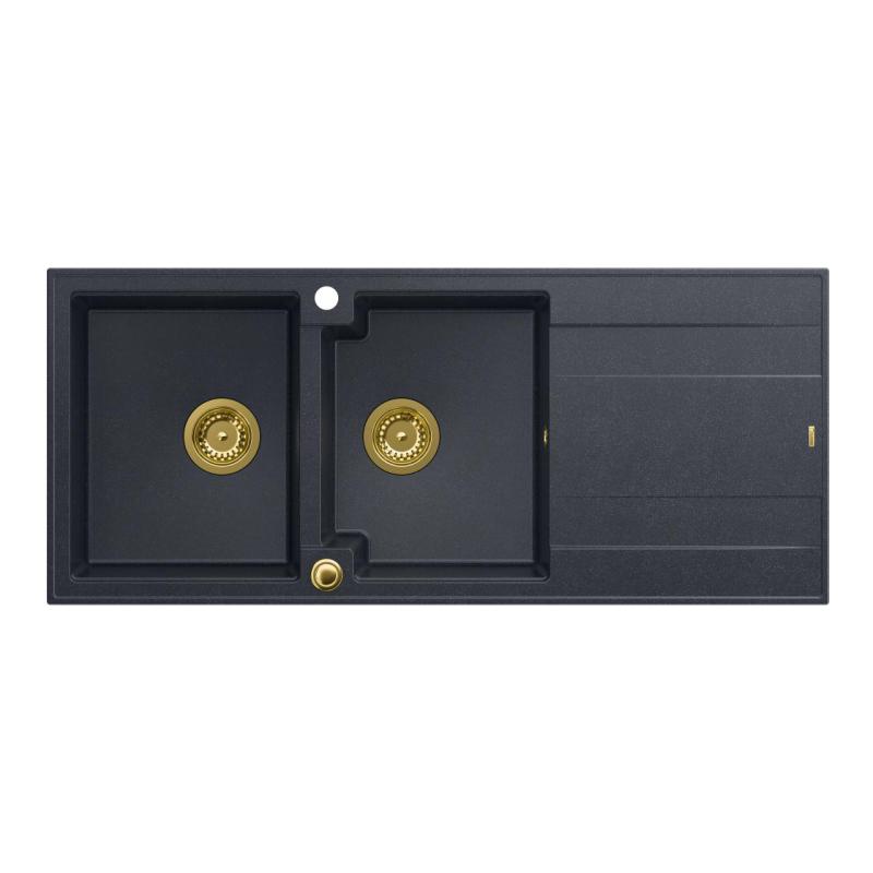 Quadri Luton fregadero doble de granito empotrado antracita con escurridor 116x50 cm con tapón dorado 1208967364