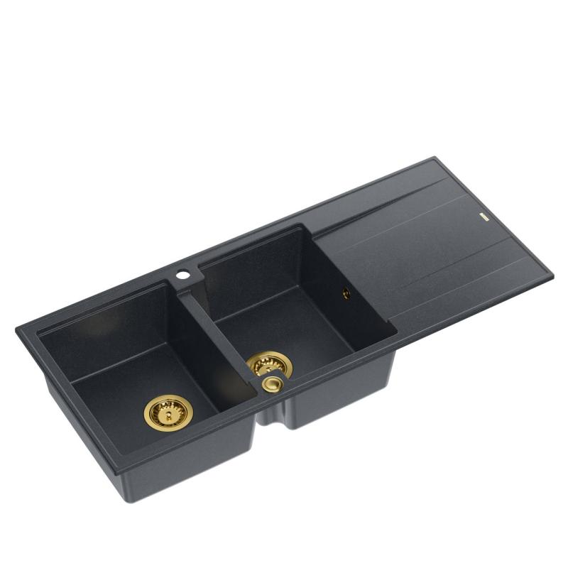 Quadri Luton fregadero doble de granito empotrado antracita con escurridor 116x50 cm con tapón dorado 1208967364