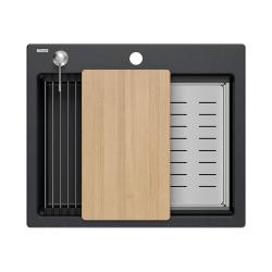 Quadri Durham antracita granito fregadero de encimera 595x500 con dispensador de jabón, tabla de cortar, fregadero auxiliar y alfombrilla enrollable 1208967379