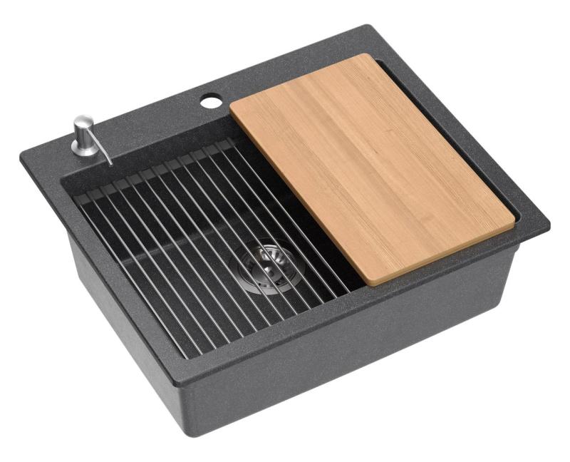 Quadri Durham antracita granito fregadero de encimera 595x500 con dispensador de jabón, tabla de cortar, fregadero auxiliar y alfombrilla enrollable 1208967379