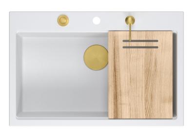 Quadri Hard Rock fregadero grande de granito blanco sobre encimera 76x50cm incluyendo tapón dorado y accesorios 1208967424