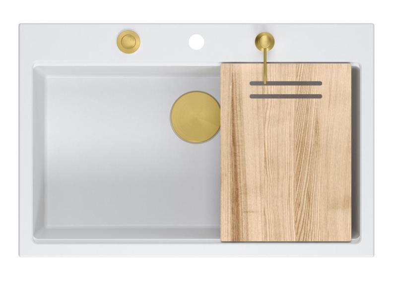 Quadri Hard Rock fregadero grande de granito blanco sobre encimera 76x50cm incluyendo tapón dorado y accesorios 1208967424