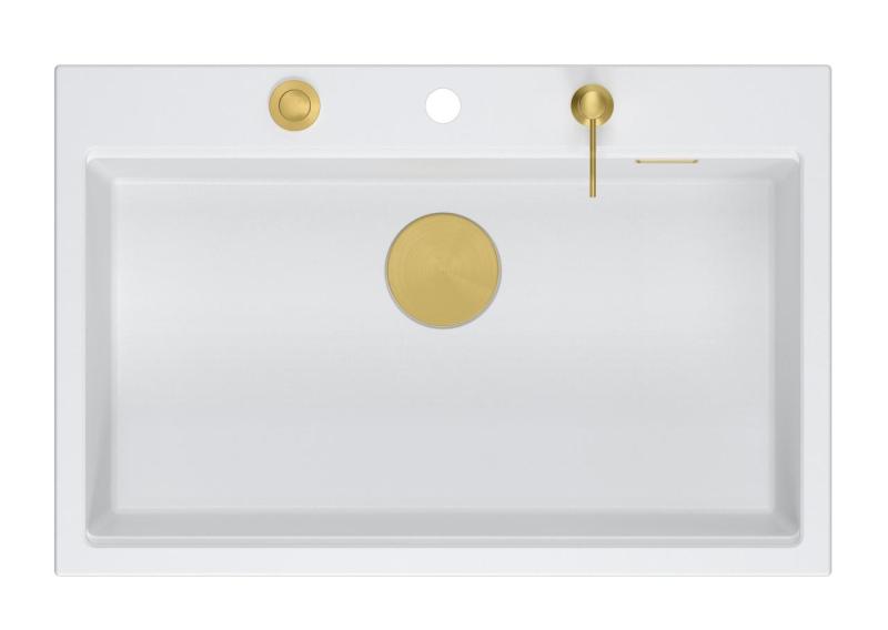 Quadri Hard Rock fregadero grande de granito blanco sobre encimera 76x50cm incluyendo tapón dorado y accesorios 1208967424