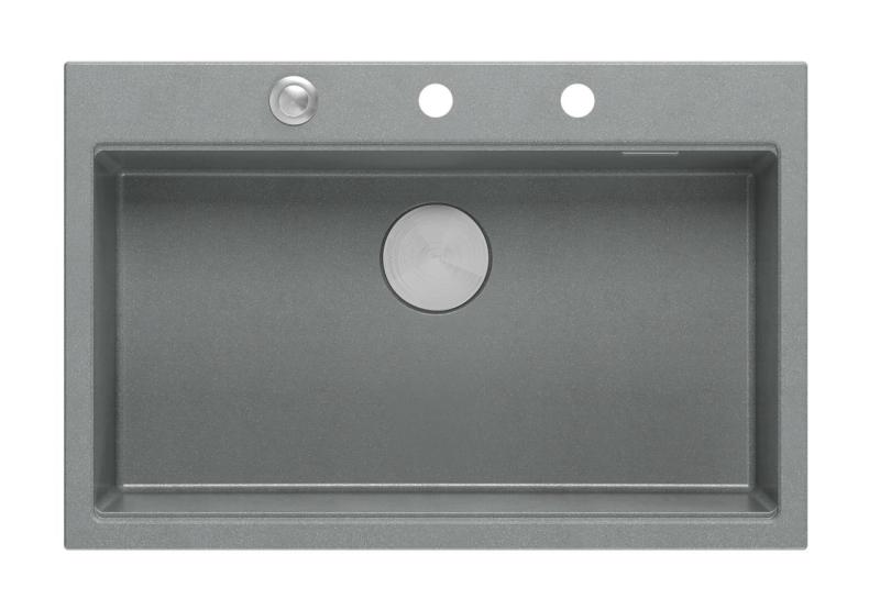 Quadri Hard Rock fregadero de granito gris sobre encimera grande 76x50cm, incluyendo tapón de acero inoxidable y accesorios 1208967430.