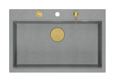 Quadri Hard Rock fregadero de granito gris sobre encimera grande de 76x50cm, incluye tapón dorado y accesorios 1208967432