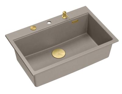 Quadri Hard Rock taupe fregadero de granito grande de montaje sobre encimera 76x50cm, incluye tapón dorado y accesorios 1208967436