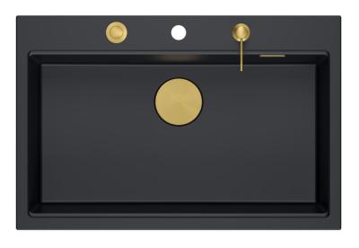 Quadri Hard Rock antracita fregadero de granito sobre encimera grande 76x50cm incluyendo tapón dorado y accesorios 1208967444