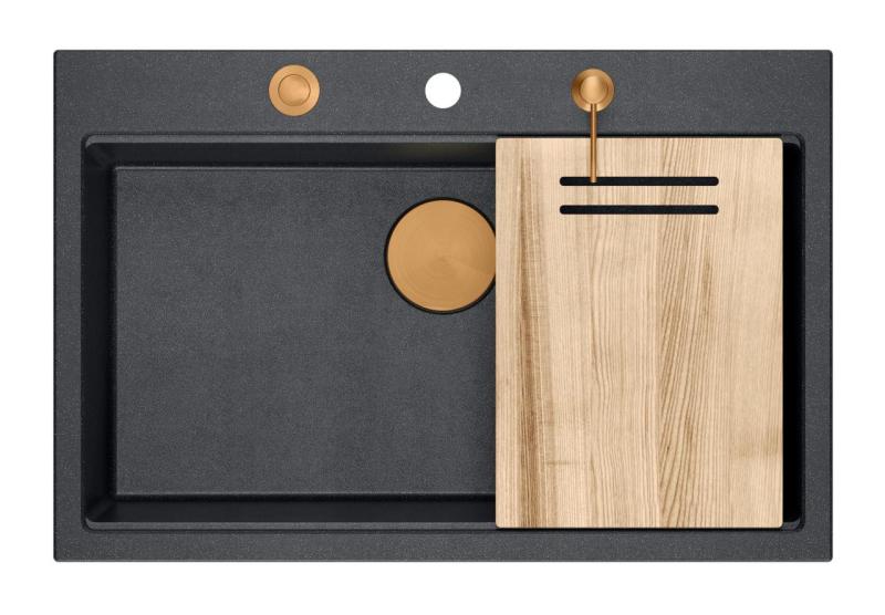 Quadri Hard Rock fregadero de granito antracita grande sobre encimera 76x50cm, incluye tapón de cobre y accesorios 1208967445