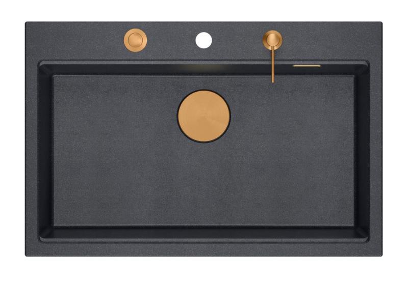 Quadri Hard Rock fregadero de granito antracita grande sobre encimera 76x50cm, incluye tapón de cobre y accesorios 1208967445