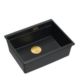 Quadri Newport II fregadero bajo encimera de granito negro 560x450  mm con tapón dorado y tapa de desagüe 1208967449