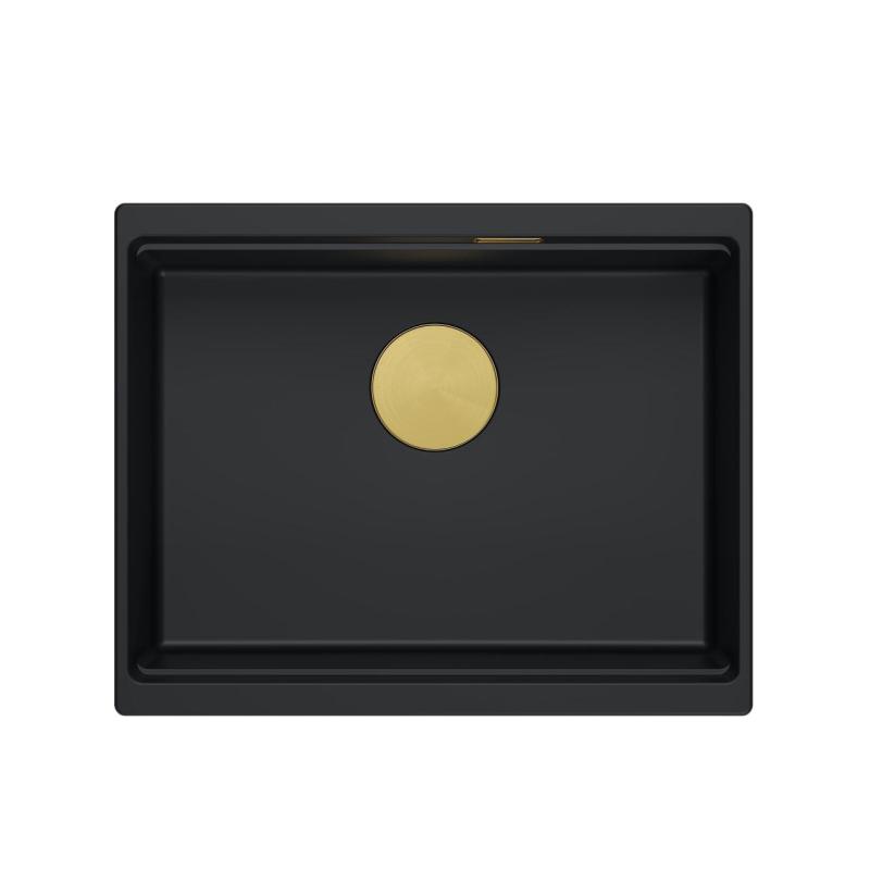 Quadri Newport II fregadero bajo encimera de granito negro 560x450  mm con tapón dorado y tapa de desagüe 1208967449