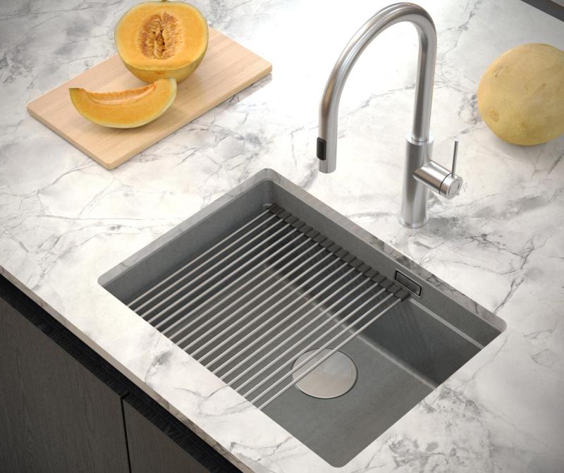 Quadri Newport II fregadero de granito bajo encimera taupe 560x450mm  con tapón y tapa de desagüe de acero inoxidable 1208967453