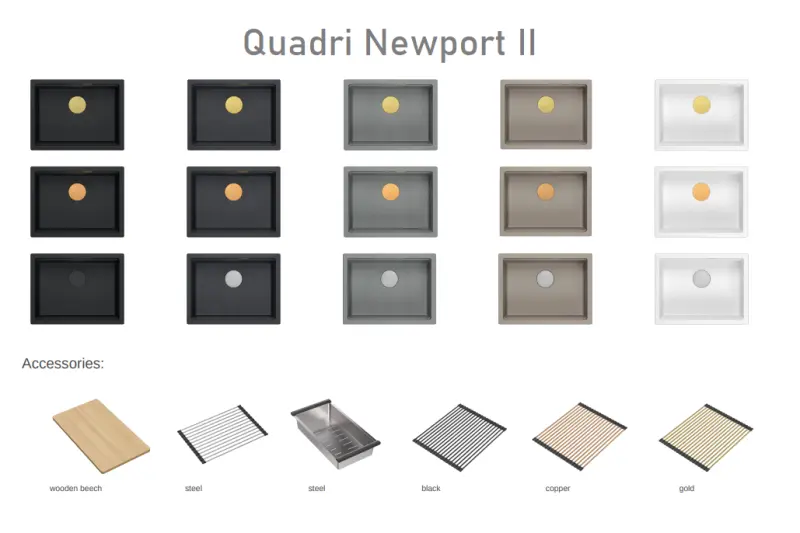 Quadri Newport II fregadero de granito bajo encimera gris 560x450mm con tapón de cobre y tapa de desagüe 1208967458