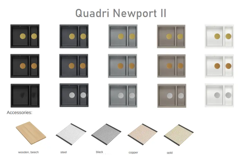 Quadri Newport II blanco, fregadero de granito de 1,5 senos, instalación sobre encimera y bajo encimera, 555x460mm, con desagüe dorado 1208967462