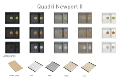 Quadri Newport II granite anthracite inset and undermount sink 1,5-bowl 555x460mm  with golden manual siphon 1208967473