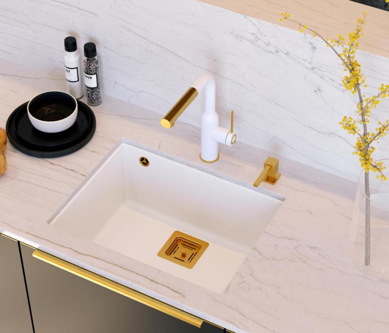 Quadri Quadrangle fregadero bajo encimera de granito blanco 55x42cm con tapón de cobre 1208967478