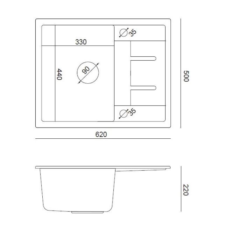 Cuadrado Dalton fregadero de montaje en granito gris con escurridor 62x50cm con tapón de acero inoxidable 1208967492