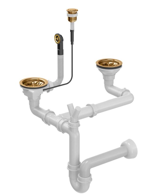 Quadri fregadero doble de cobre con juego de desagüe y rebosadero con botón push to open de cobre 1208967546