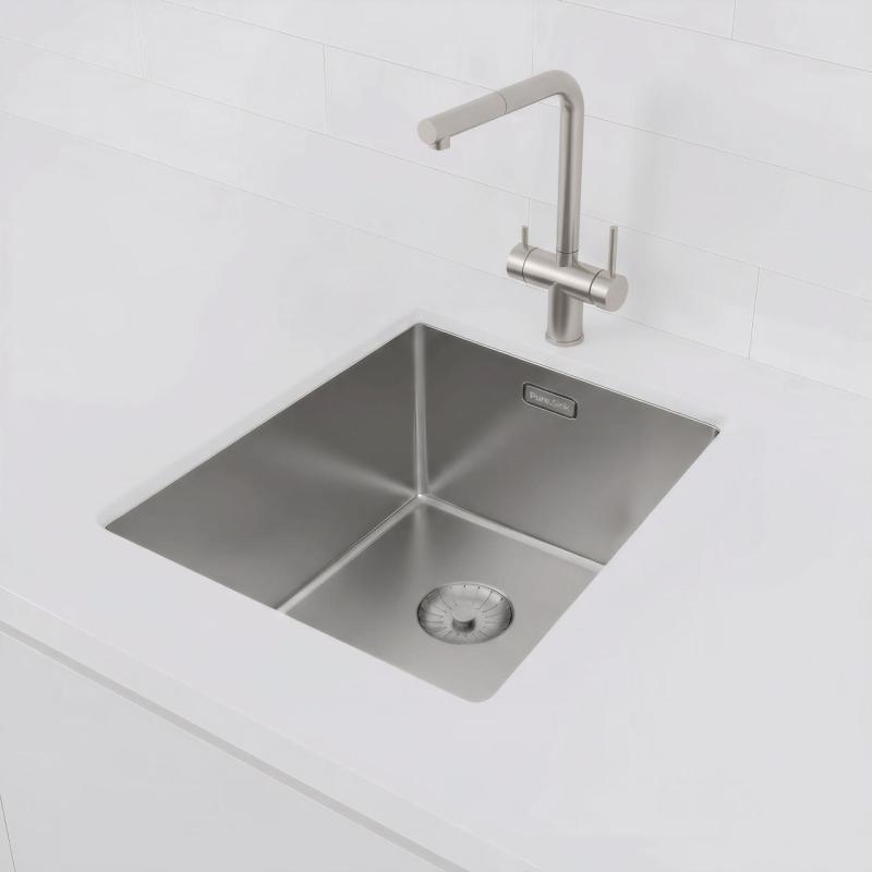 Fregadero de acero inoxidable Pure.Sink Prestige 34x40 cm con radio de 10 mm para instalación bajo encimera, a ras de encimera y sobre encimera PPG3440-02.