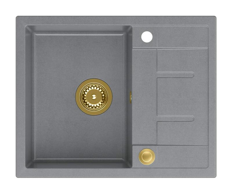 Quadri Dalton fregadero de granito gris con escurridor 62x50cm con tapón dorado 1208967565