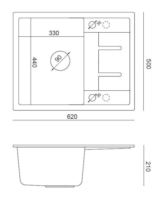 Quadri Dalton fregadero de montaje sobre encimera de granito blanco con escurridor 62x50cm con tapón de acero inoxidable 1208967573