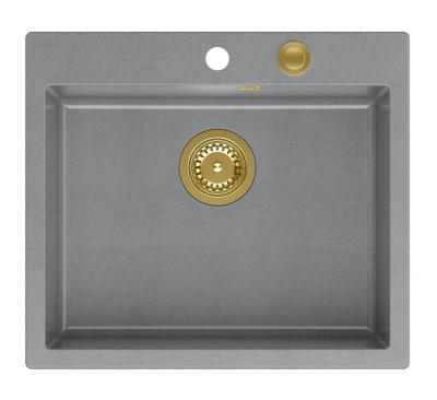 Quadri Sheffield Gray Granite Top-Mount or Flush-Mount Sink 57x50 cm with Tap Hole Bench and Gold Plug - 1208967582