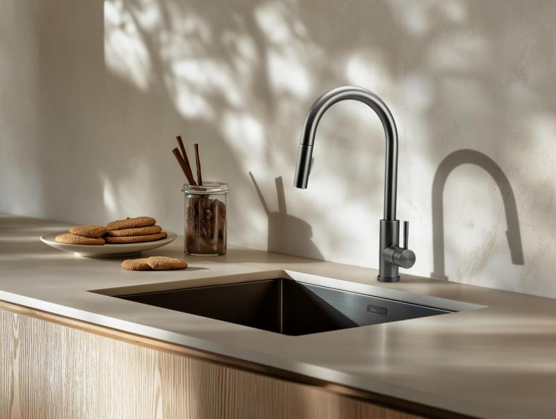 Fregadero Pure.Sink Prestige PVD gun metal 34x40 cm radio de 10 mm para instalación bajo encimera, a ras y sobre encimera PPG3440-61.