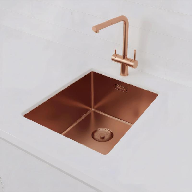 Fregadero Pure.Sink Prestige 34x40 cm PVD Cobre con radio de 10 mm para montaje bajo encimera, montaje a ras y montaje sobre encimera PPG3440-62.