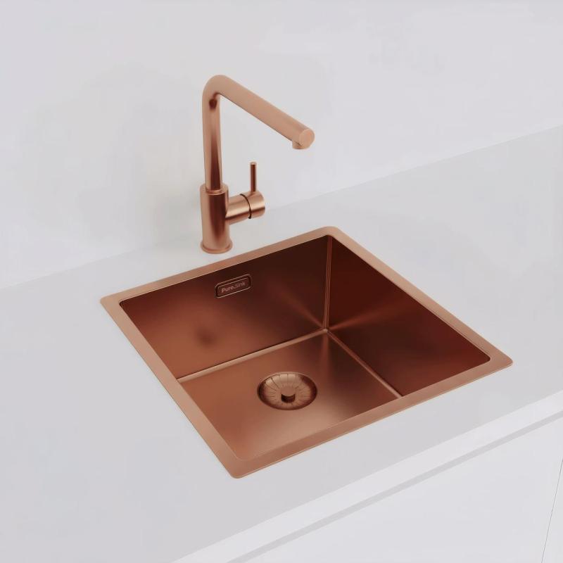 Fregadero Pure.Sink Prestige 40x40 cm PVD Cobre, radio de 10 mm, instalación bajo encimera, a ras de encimera y sobre encimera PPG4040-62.