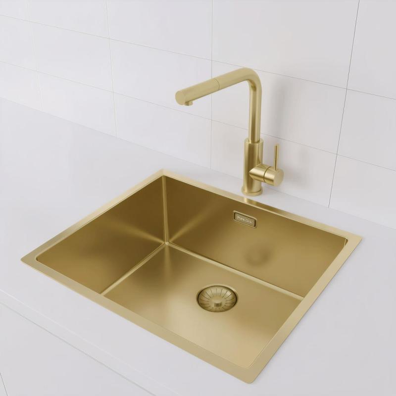 Fregadero Pure.Sink Prestige 50x40 cm PVD Oro con radio de 10 mm para instalación bajo encimera, al ras y sobre encimera PPG5040-60.
