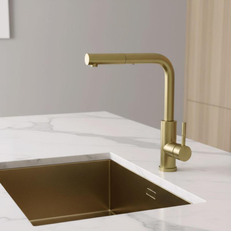 Grifo de cocina Pure.Sink Elite Steel Spark-S PVD en oro cepillado con caño extraíble PS8041-60