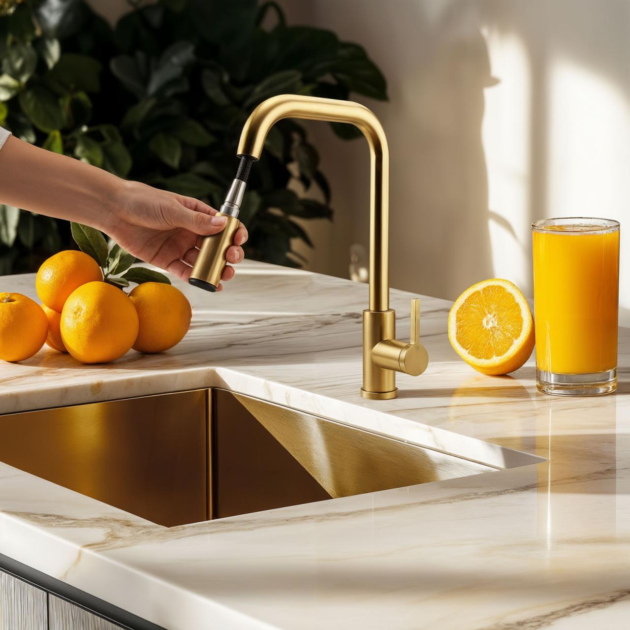Grifo de cocina Pure.Sink Elite Steel Crystal-S con acabado PVD en oro cepillado y caño extraíble PS8050-60