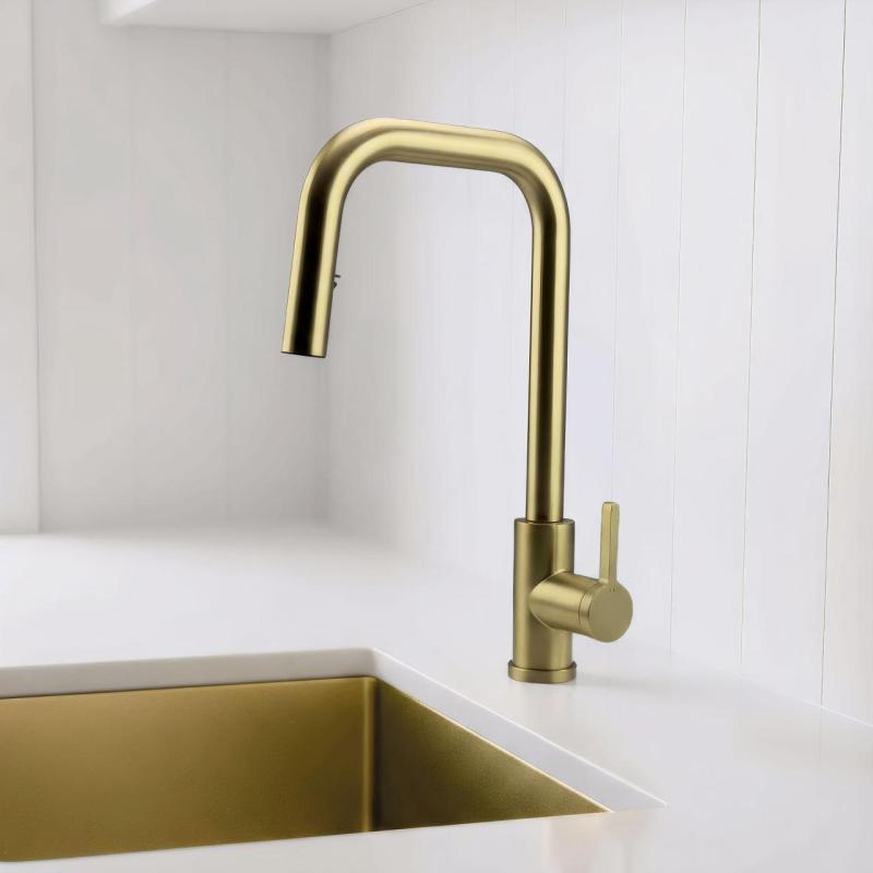 Grifo de cocina Pure.Sink Elite Steel Crystal-S con acabado PVD en oro cepillado y caño extraíble PS8050-60