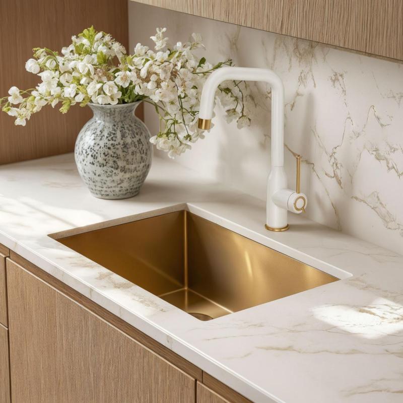 Quadri Stamford Grifo de Cocina Blanco con Acabado Dorado PVD y Caño Giratorio en Ángulo 1208967697