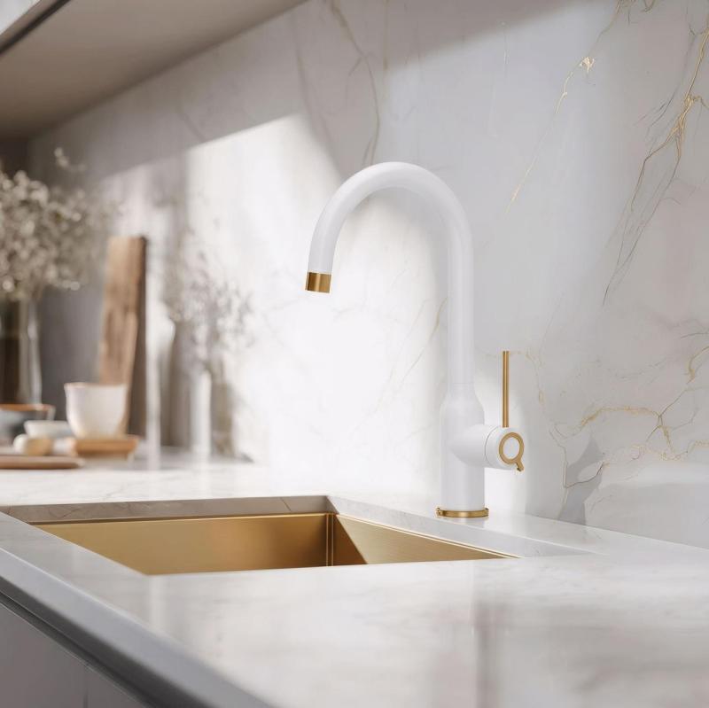 Quadri Stamford Grifo de Cocina Blanco con Acabado de Cobre con Caño Redondo Giratorio 1208967711